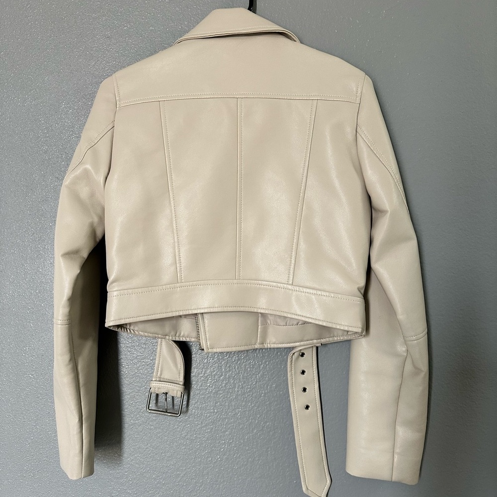 Elodie Beige Leather Biker Jacket - Picture 3 of 7